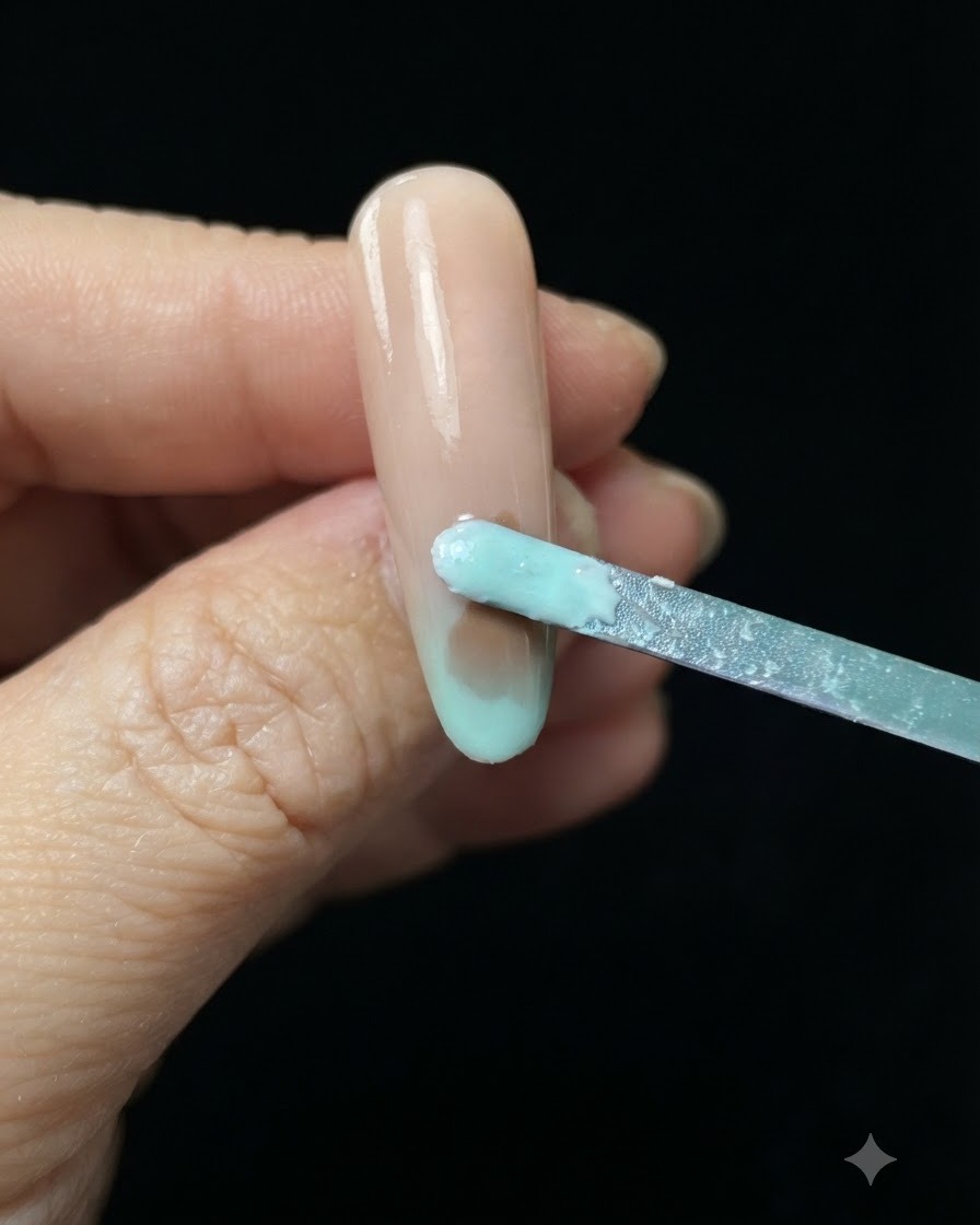 Une éponge de maquillage tamponnant du vernis gel bleu clair et vert sur le bout dun ongle nude.