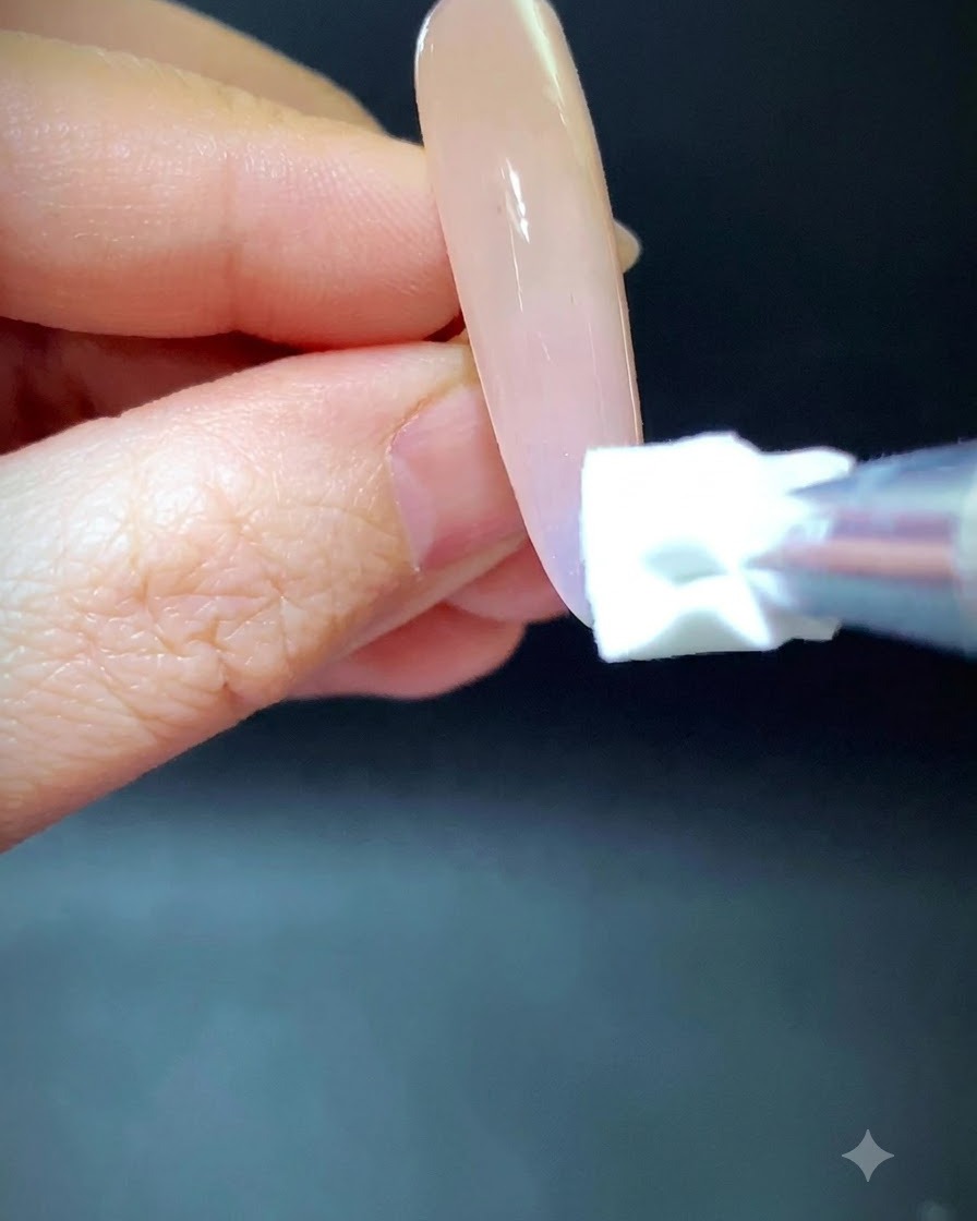 Une éponge tamponnant des pigments bleu et vert vers le haut dune extension dongle nude.