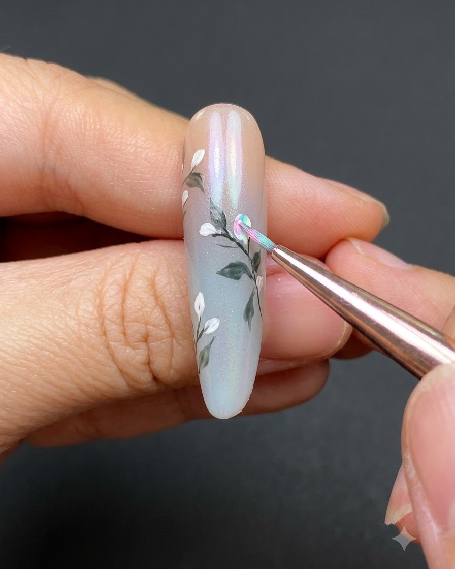 Un pinceau fin remplissant le centre dun bourgeon blanc avec du gel rose sur un ongle en dégradé.