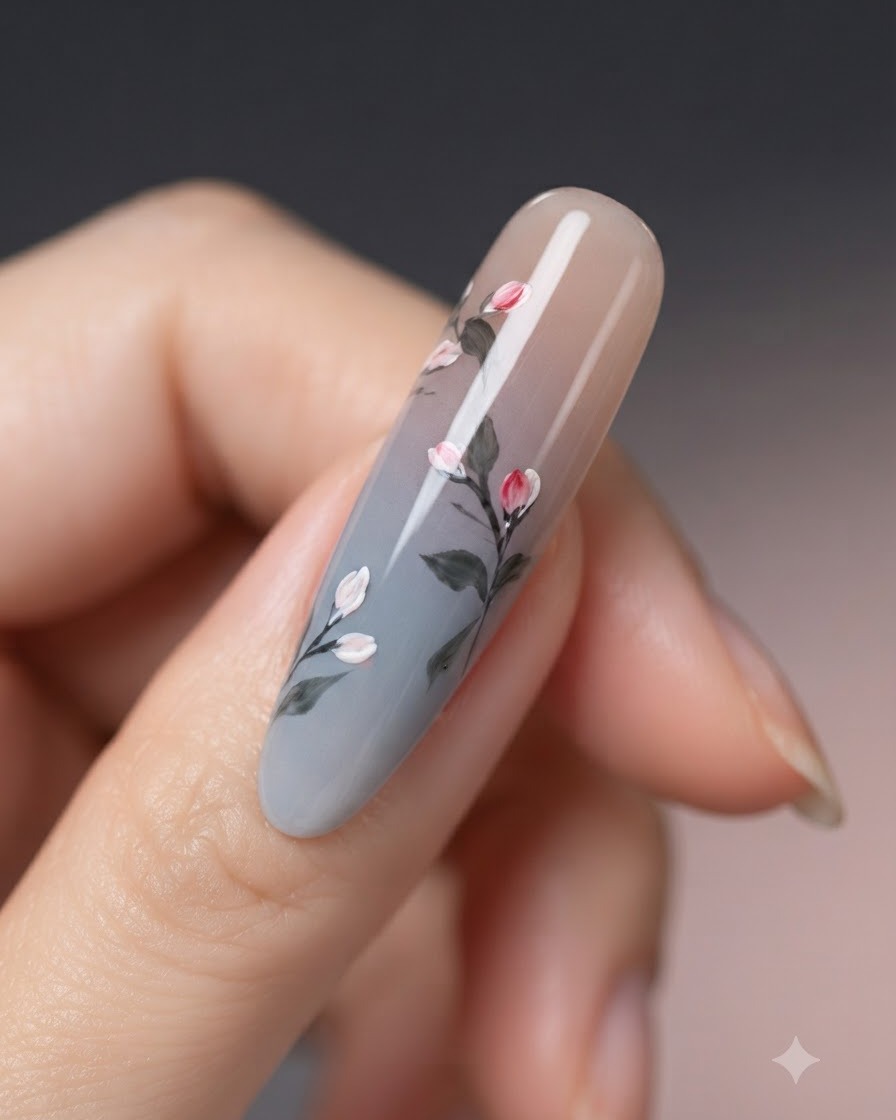 Vue rapprochée dun nail art affichant de fines lignes sombres autour des bourgeons peints.