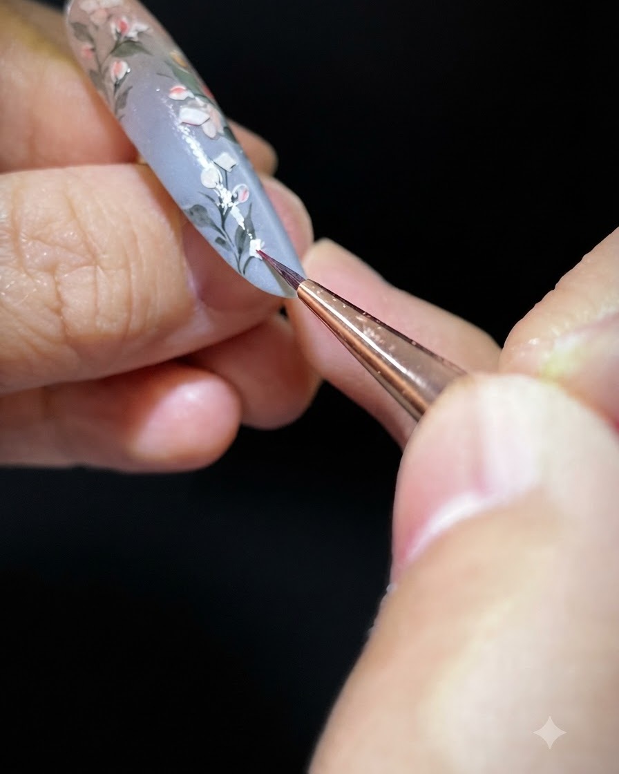Un pinceau recouvrant toute la surface de longle avec du gel de construction transparent pour sceller le nail art.