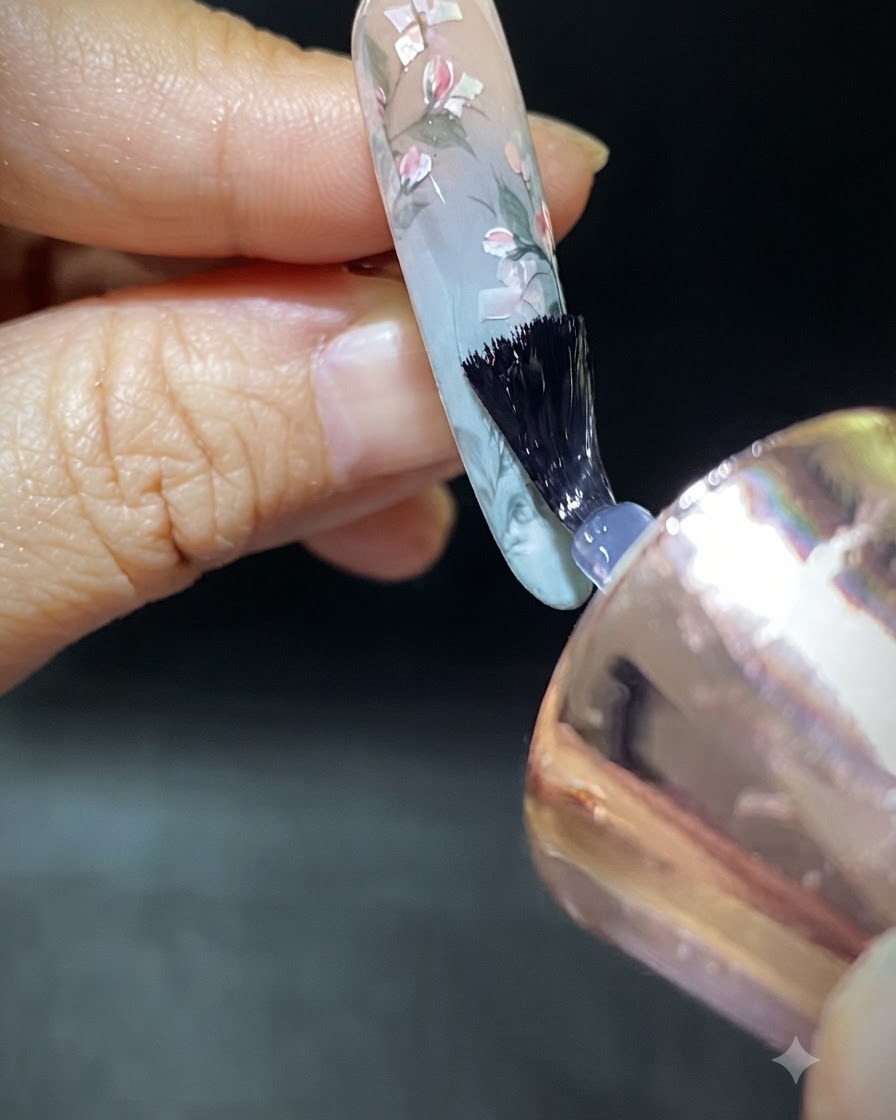 Un bloc polisseur lissant la surface dun ongle fini au design de coquillage.