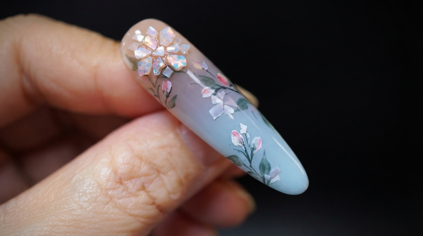 Gros plan sur un ongle long en amande paré dun dégradé nude et bleu, de branches florales peintes à la main et dune grappe de coquillages concassés irisés en forme de fleur près du bord.