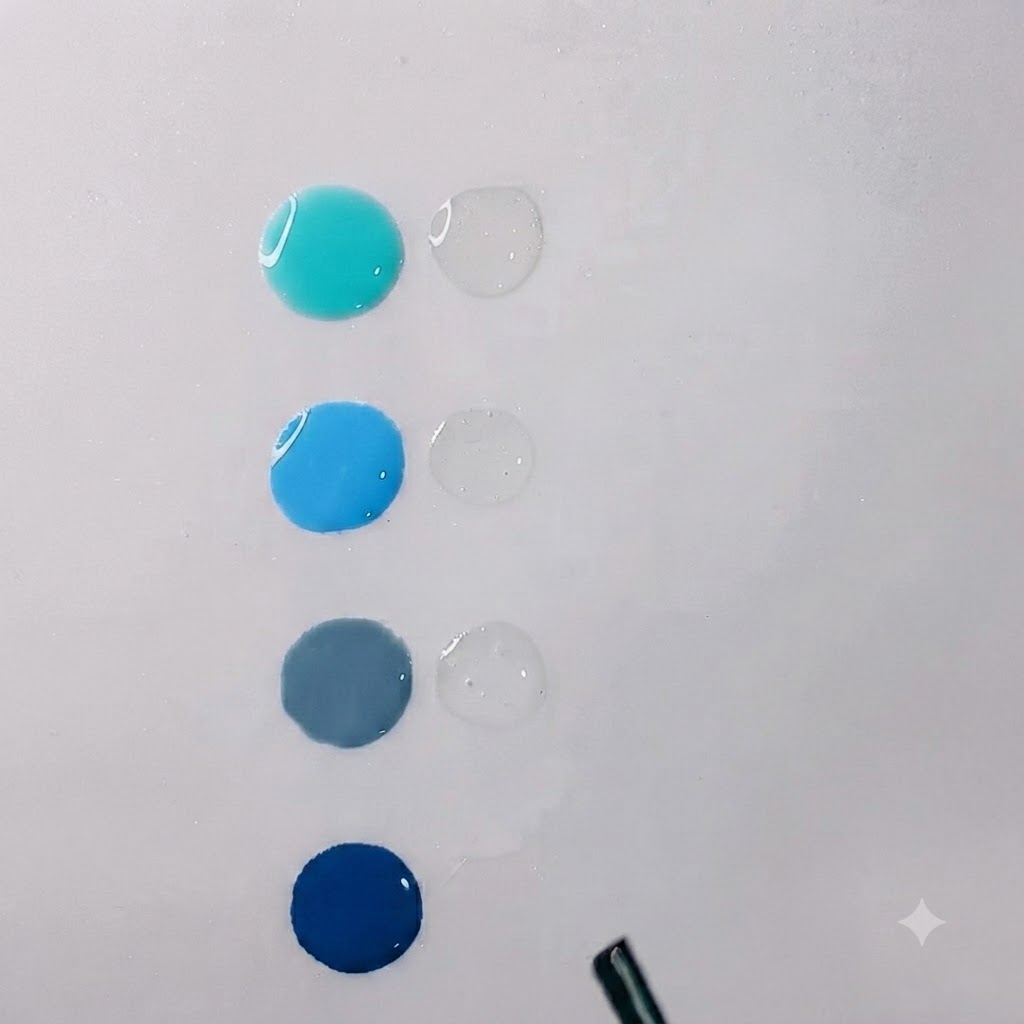 Gouttes de gel bleu eau vibrant et de gel transparent disposées côte à côte sur une palette de mélange blanche et propre.
