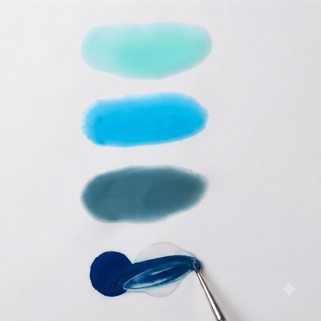 Un pinceau à ongle mélangeant du gel bleu Morandi foncé avec du gel transparent sur une palette de mélange blanche.