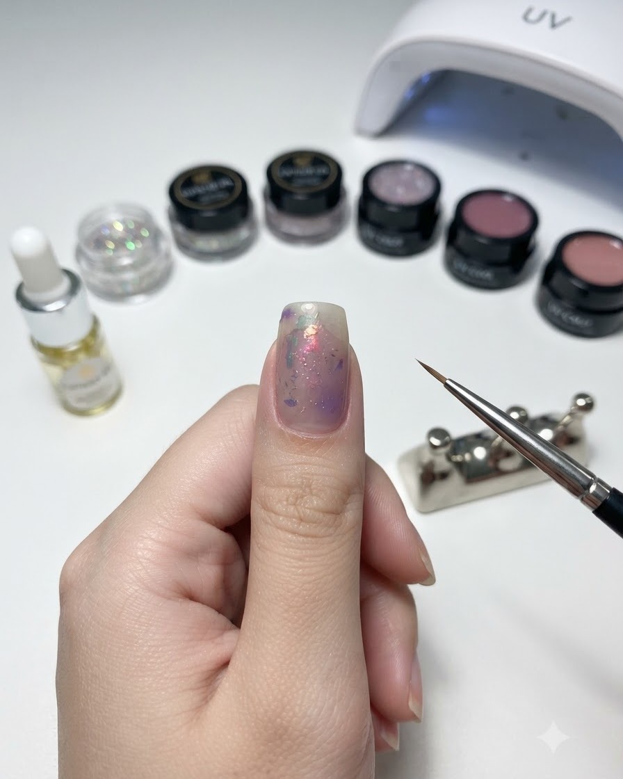 Une main tenant un pinceau fin à côté dune surface de travail avec des produits pour les ongles, présentant un pouce avec un nail art violet estompé.
