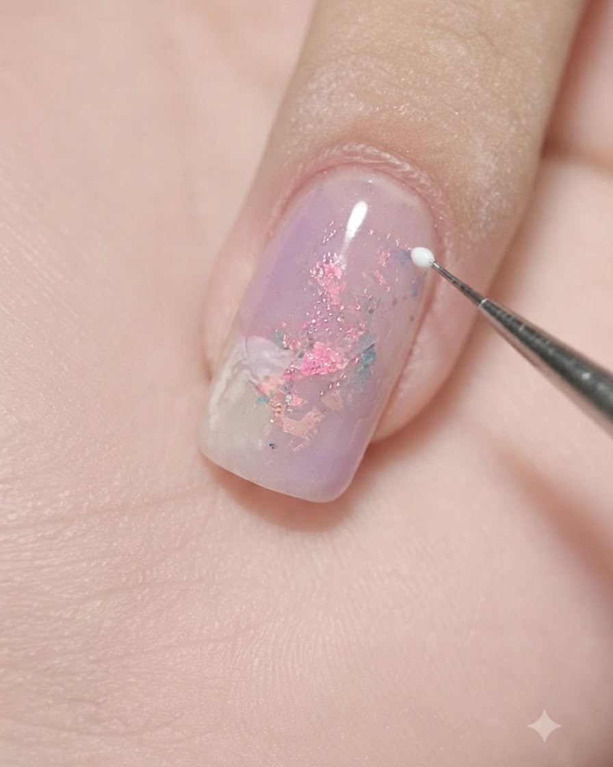 Un pinceau fin créant une ligne blanche fine et incurvée sur un ongle marbré violet et rose.