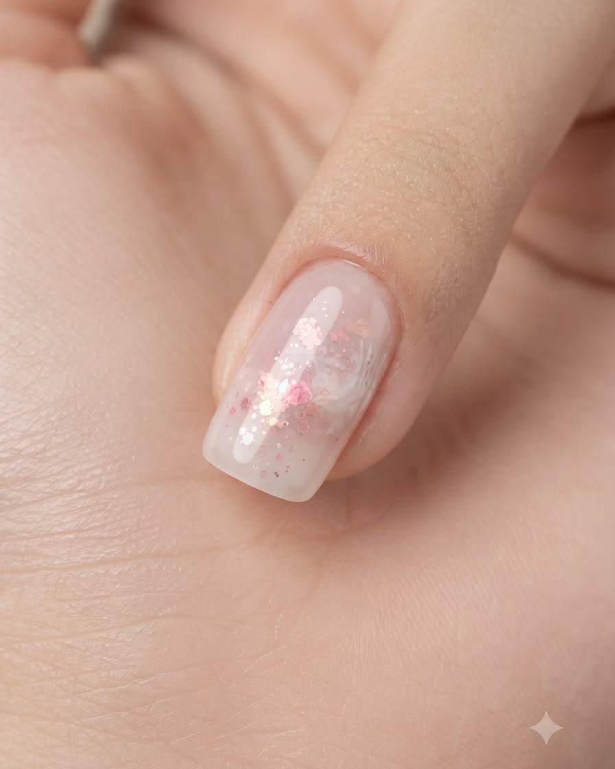 Un pinceau plat faisant glisser une couche transparente de gel sur un ongle décoré avec des paillettes roses et des accents blancs.