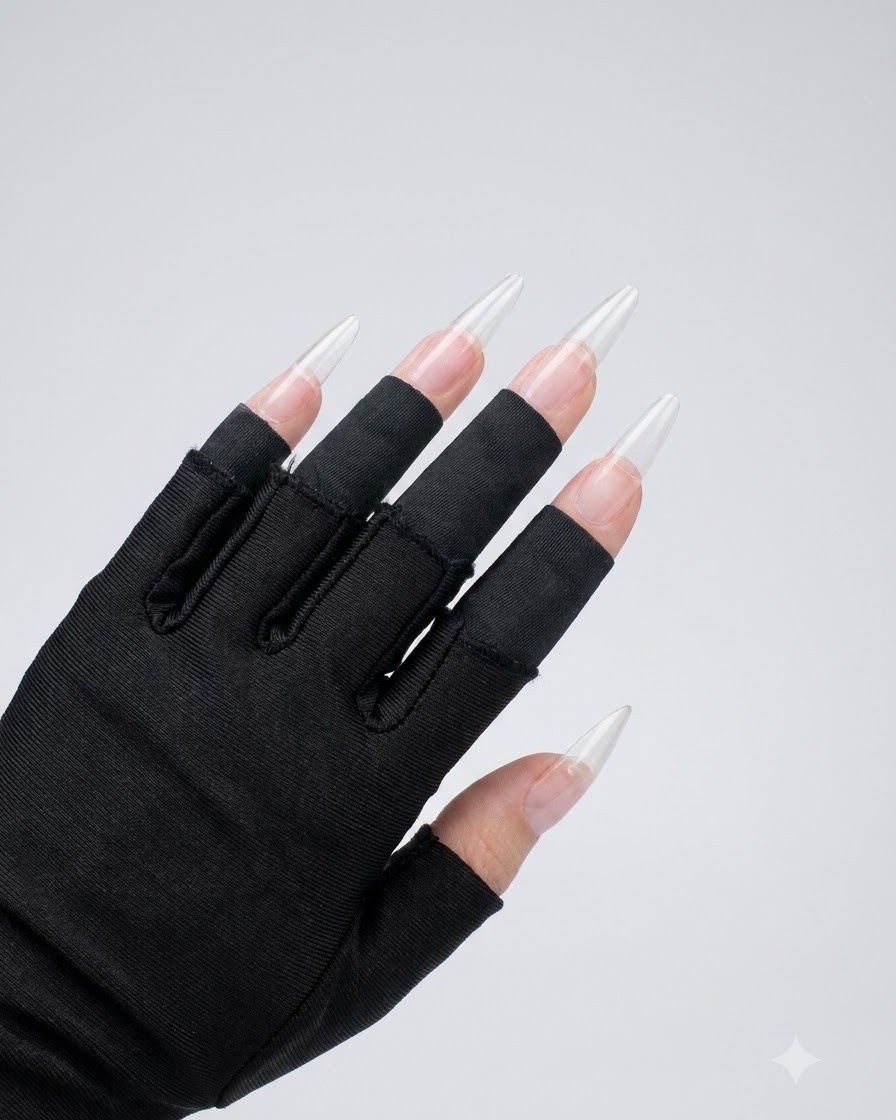 Une vue en gros plan de mains portant des gants noirs avec de longs faux ongles transparents préparés.