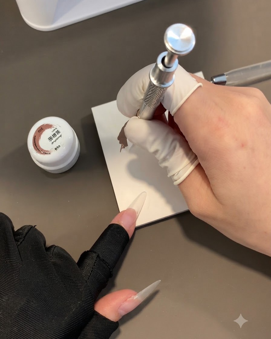 Une main gantée utilisant un outil de tapotage spécial éponge pour appliquer du gel gris sur un long ongle transparent.
