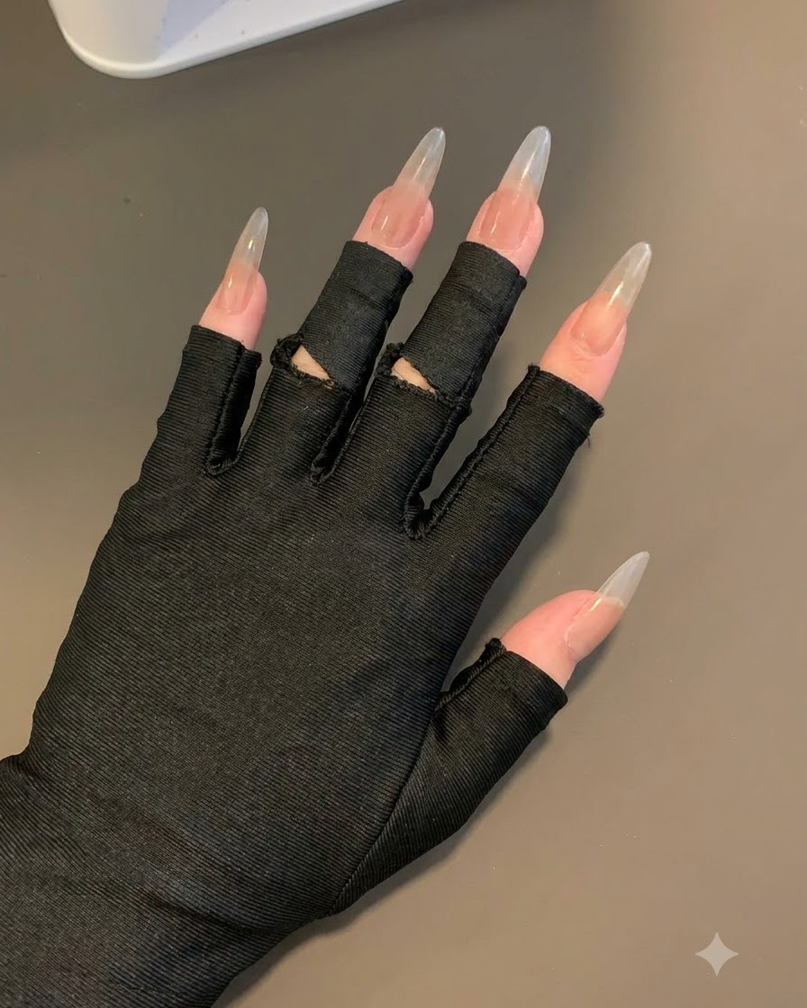 Une main portant des gants noirs sans doigts montrant de longs ongles avec un doux dégradé de base gris tapoté.