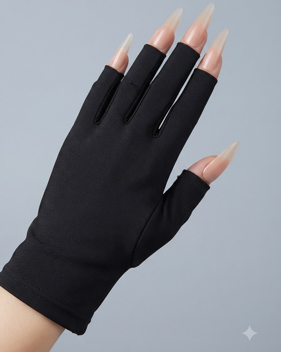 Une main portant des gants noirs reposant à lintérieur dune lampe à ongles avec des ongles catalysant sous la lumière.