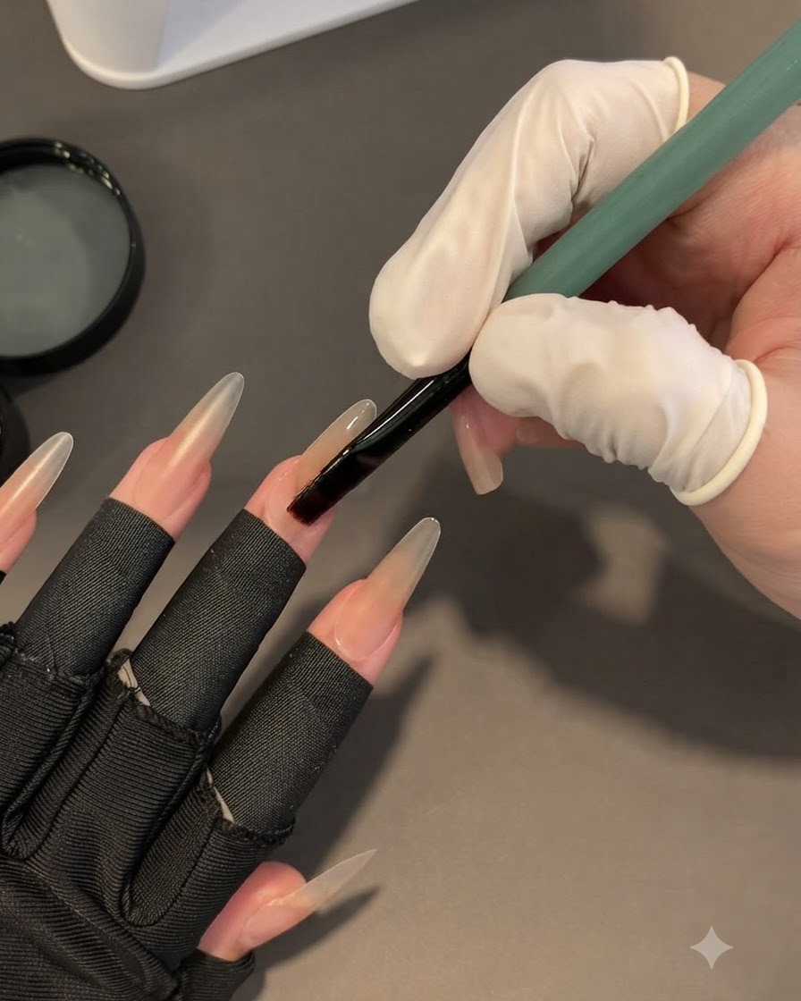 Un pinceau lissant une couche transparente de gel de base épais sur un ongle allongé de ton nude.