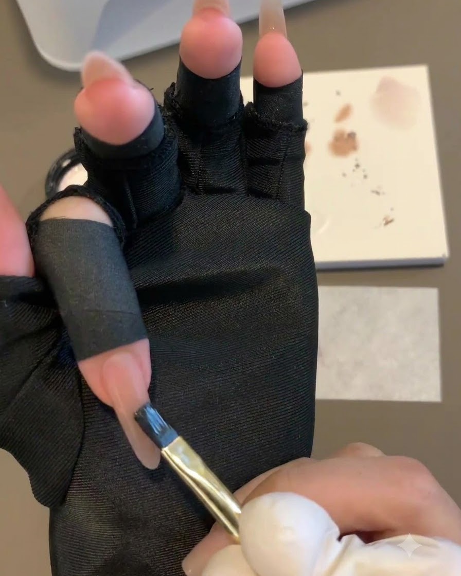 Un pinceau plat tapotant et étirant délicatement le gel violet vers le haut sur un ongle pour former un dégradé.