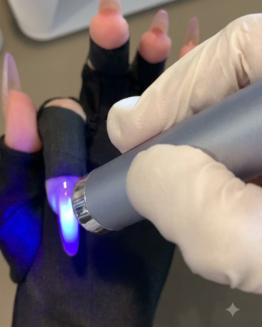 Une lampe UV portable catalysant la couche de dégradé violet sur un doigt.