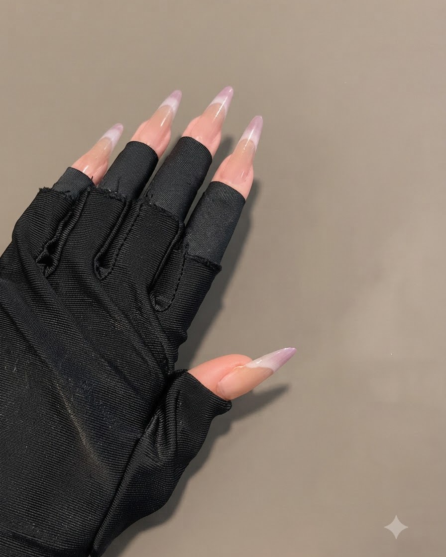 Une main portant des gants noirs sans doigts affichant de longs ongles ovales dotés dun dégradé violet diaphane achevé.