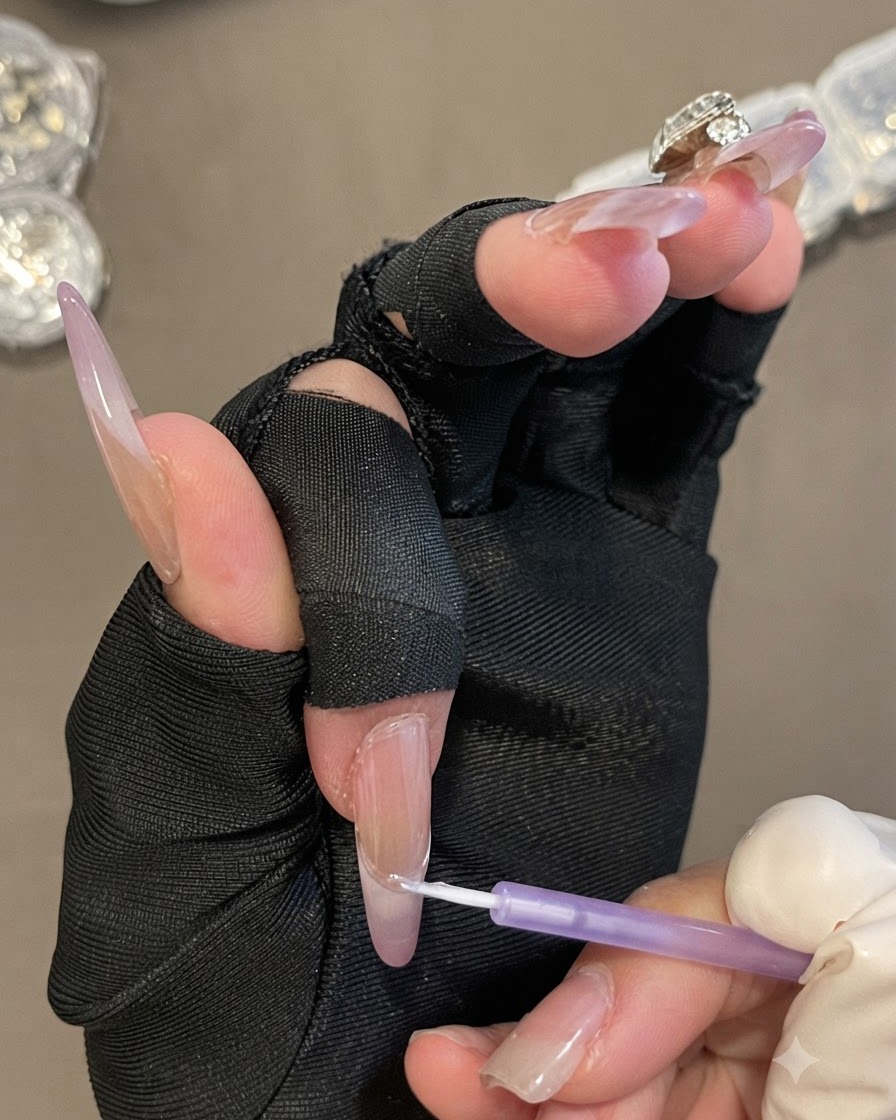 Une main portant des gants noirs sans doigts tenant un pinceau pour appliquer du gel transparent autour de la zone des cuticules dun ongle.