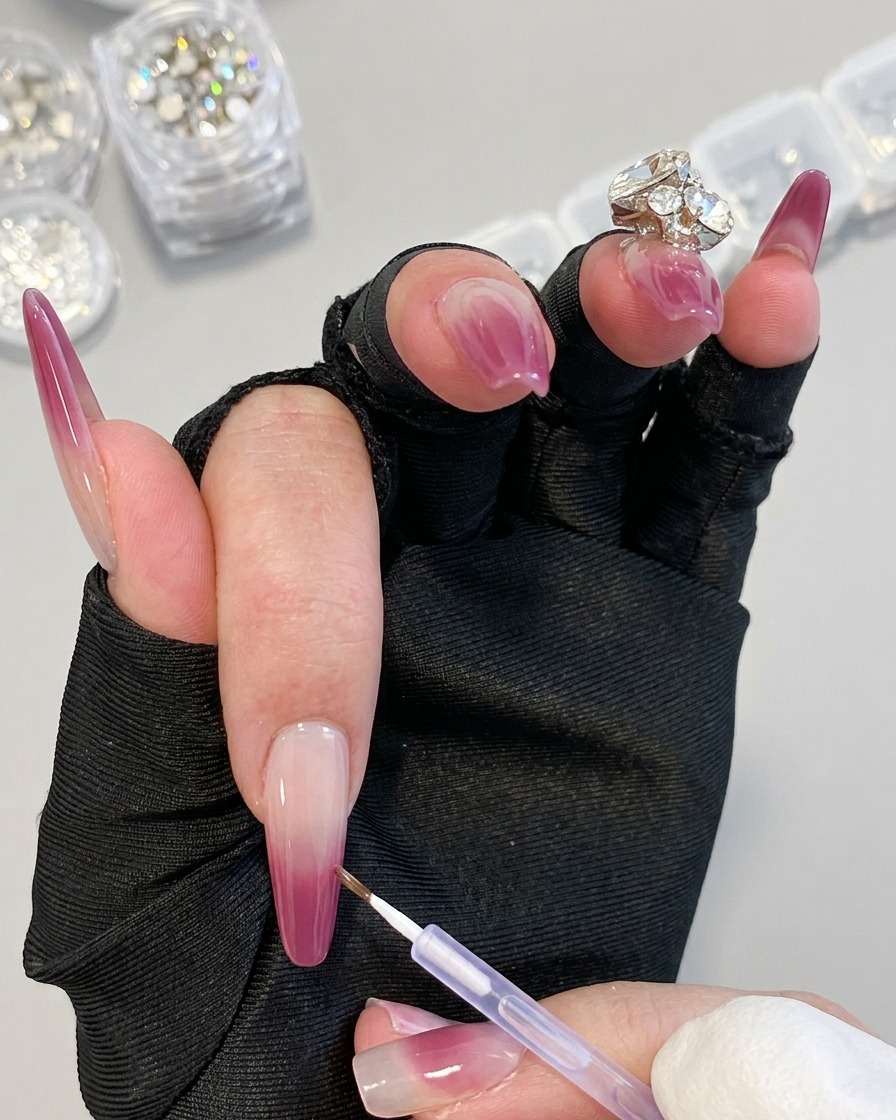 Une main portant des gants noirs tenant un pinceau de détail fin pour appliquer du gel violet en ligne précise sur un ongle.