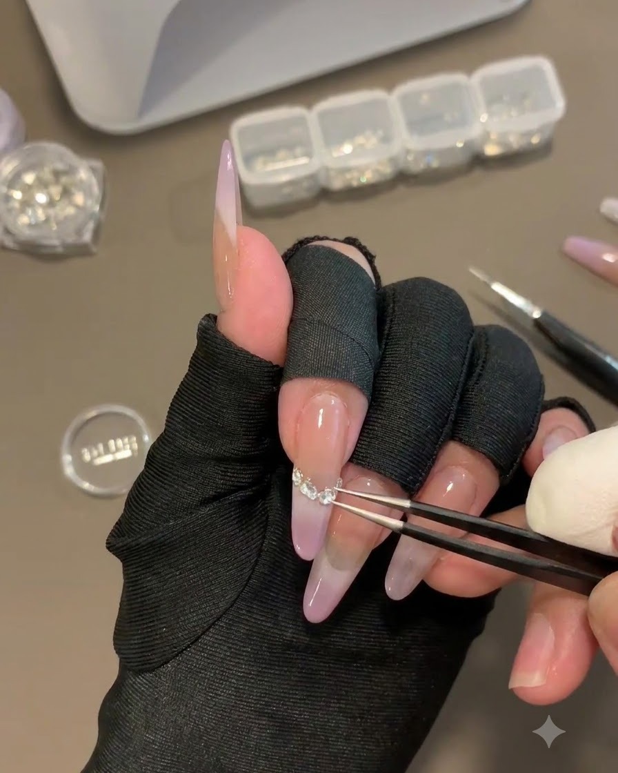 Une main tenant une pince pour placer de minuscules strass transparents en rangée incurvée le long dun ongle.