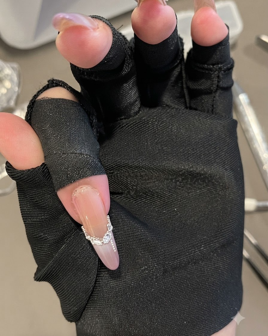Une vue en gros plan dune main manucurée portant un gant noir sans doigts, mettant en valeur le placement détaillé des strass et des perles dacier sur un long ongle ovale.