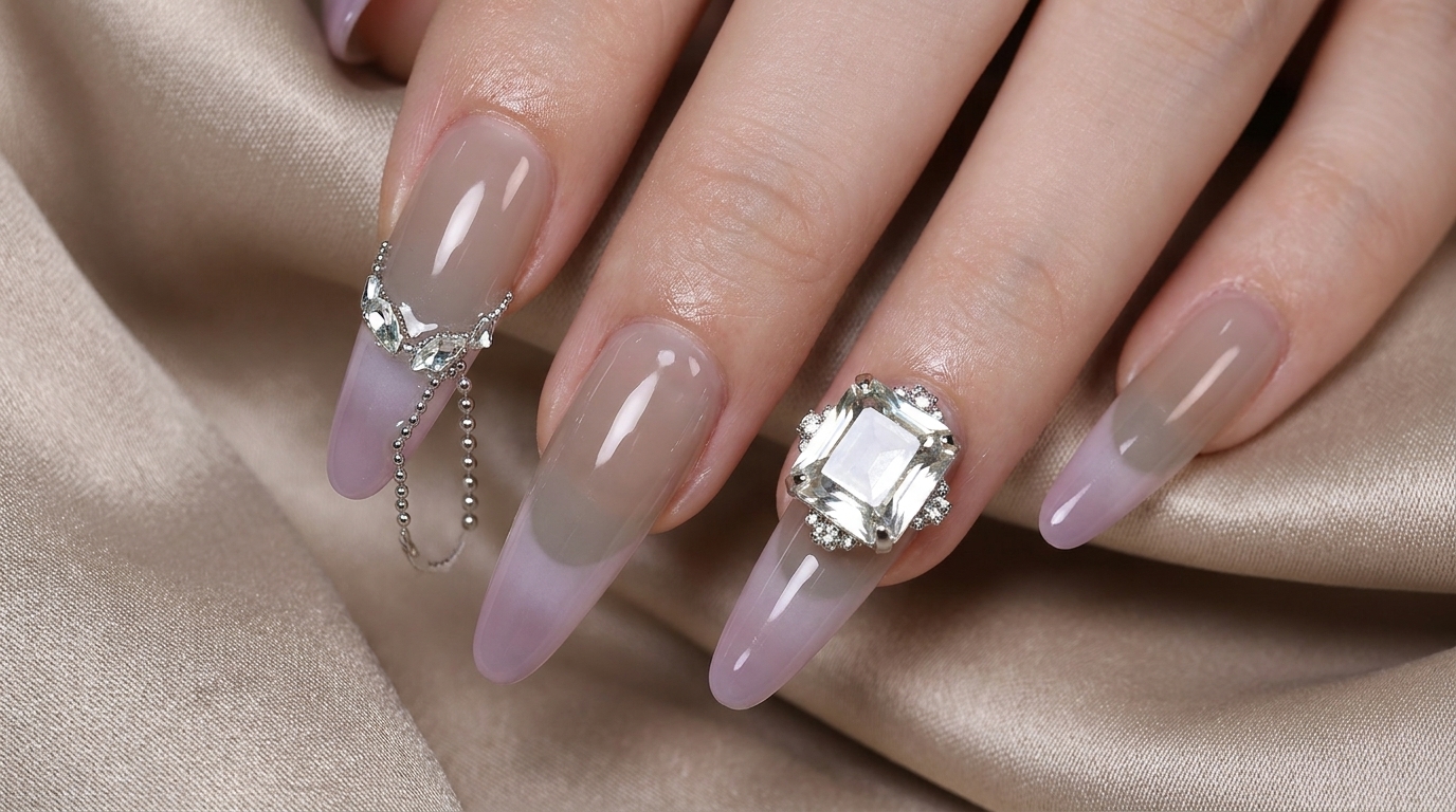 Ongles French Dégradés Gris-Violet Réalisés au Pinceau avec Strass