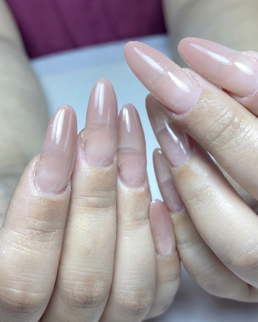 Un pinceau à ongles appliquant une fine couche de gel de couleur rose doux sur des ongles en forme damande.