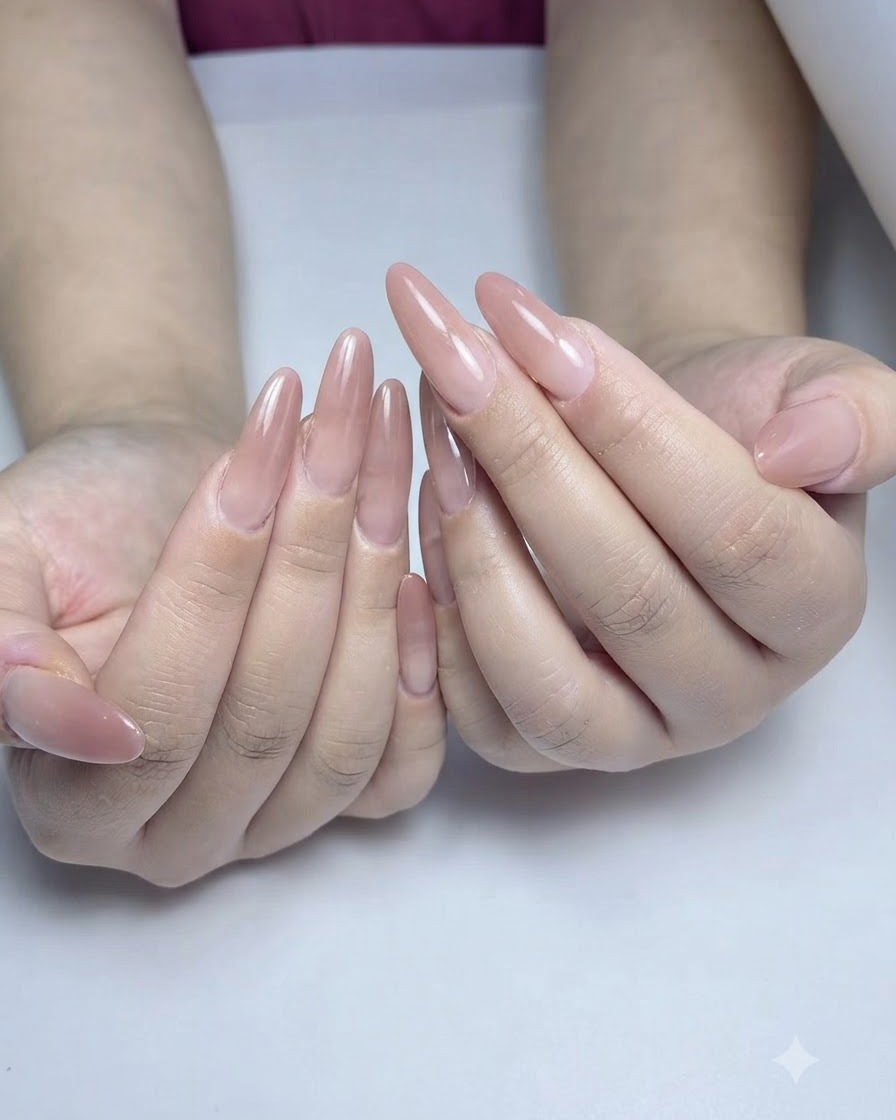 Une main montrant des ongles en forme damande avec un effet dégradé rose doux plus prononcé après la deuxième couche de couleur.