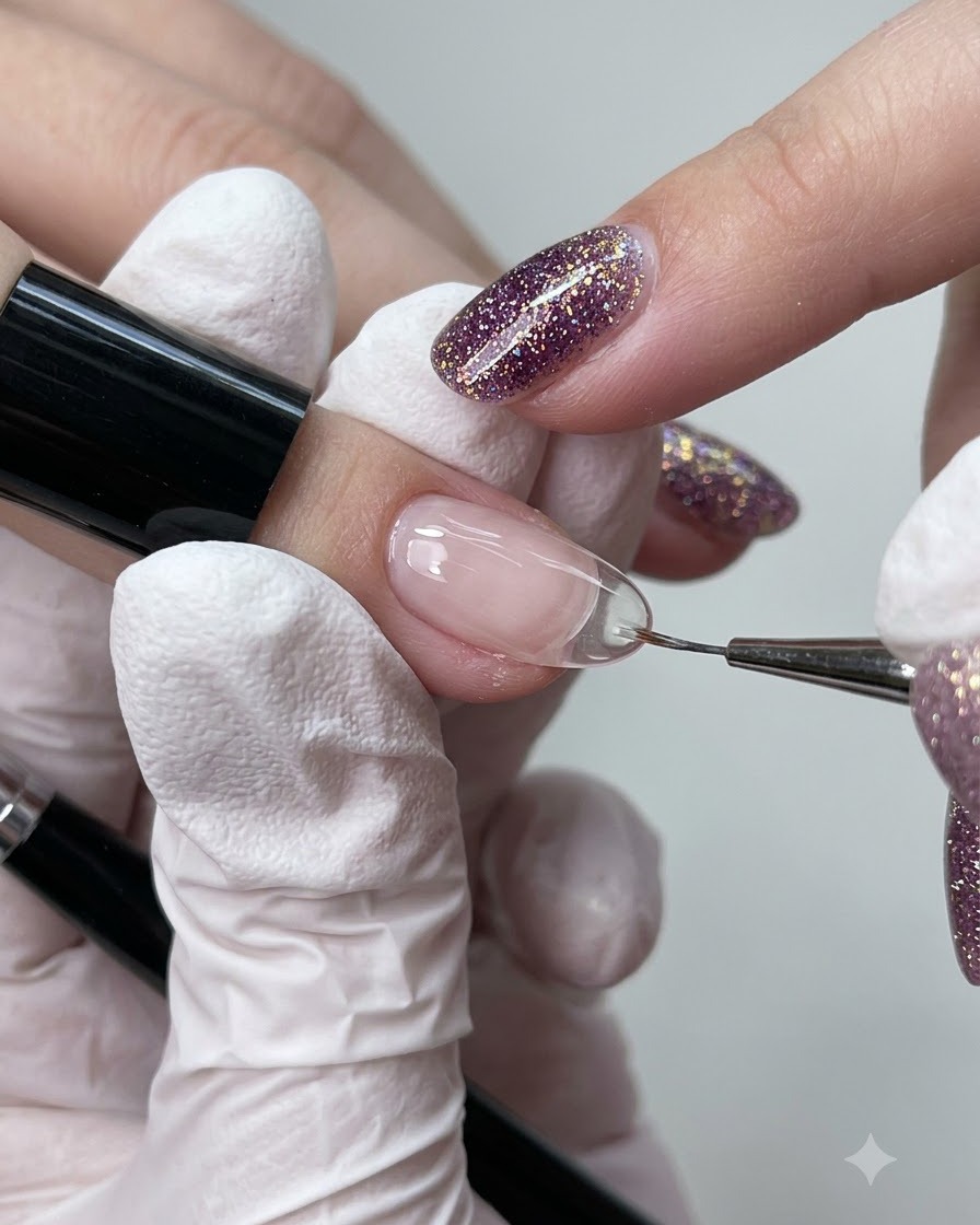 Un pinceau fin liner lissant et parachevant les bords dune couche de gel de construction sur un ongle.