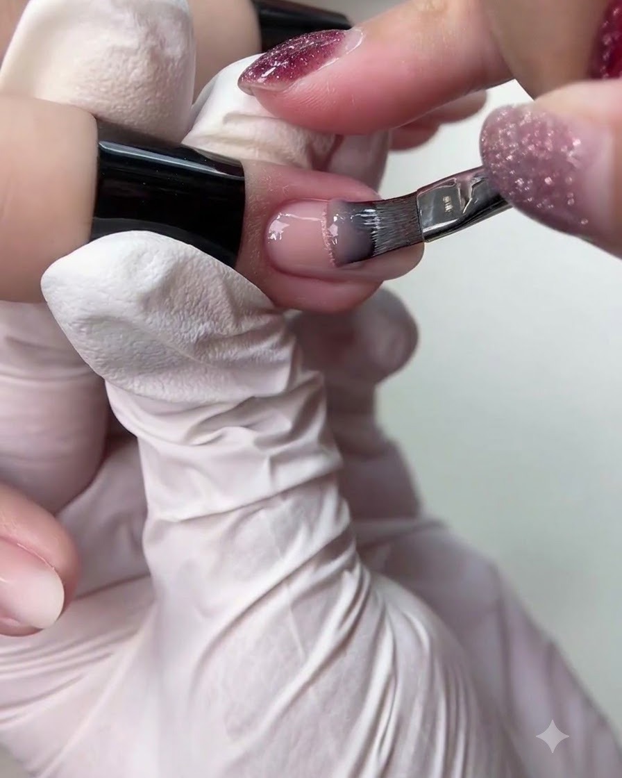 Un pinceau appliquant du gel blanc translucide sur la surface de longle.