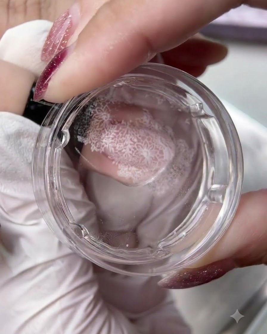 Un tampon gel transparent maintenant un motif de dentelle florale blanche transféré sur un ongle.