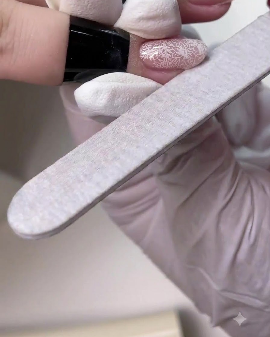 Une lime à ongles à main lissant et affinant la forme dun ongle manucuré fini.
