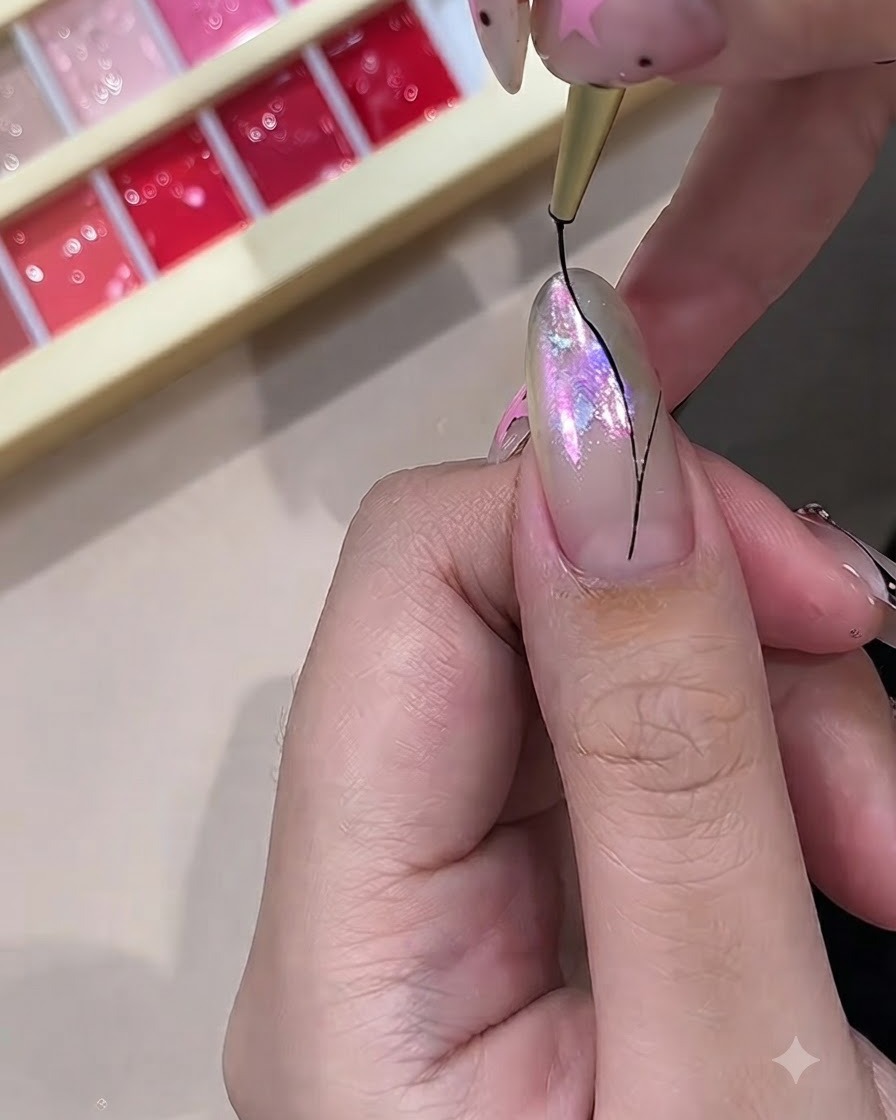 Gros plan dun pinceau fin pour nail art dessinant de fines lignes noires sur un ongle iridescent pour commencer un design de papillon.