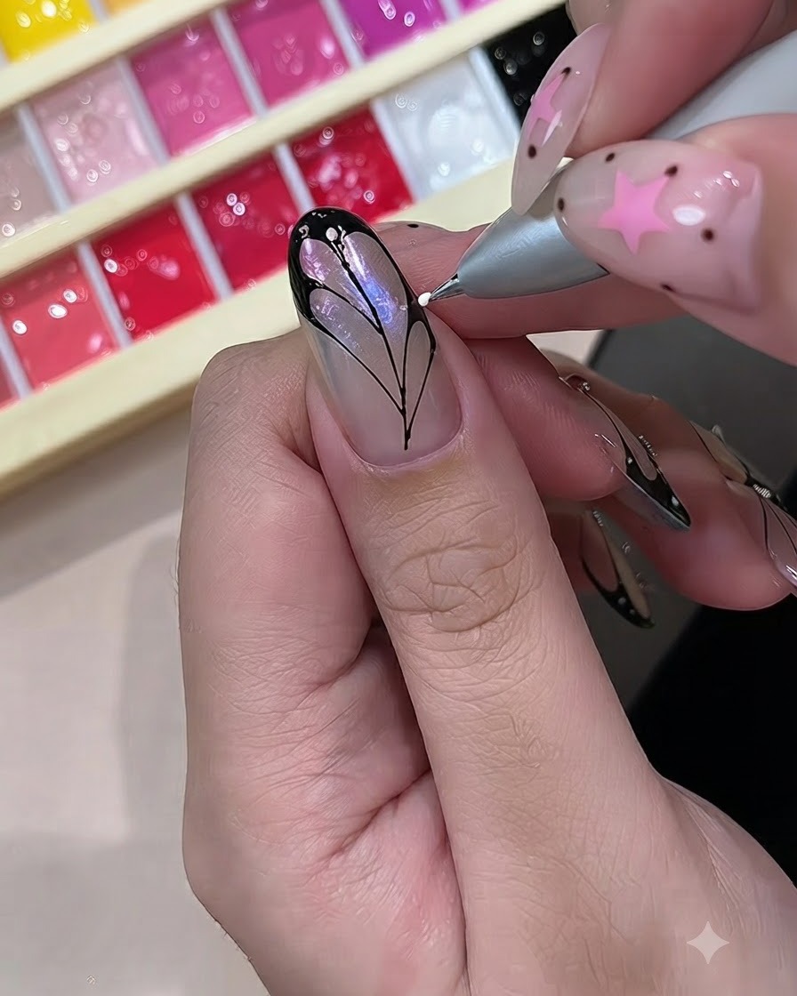 Un outil à pointer plaquant de petits points blancs sur les bordures noires dun ongle nail art aile de papillon peint.