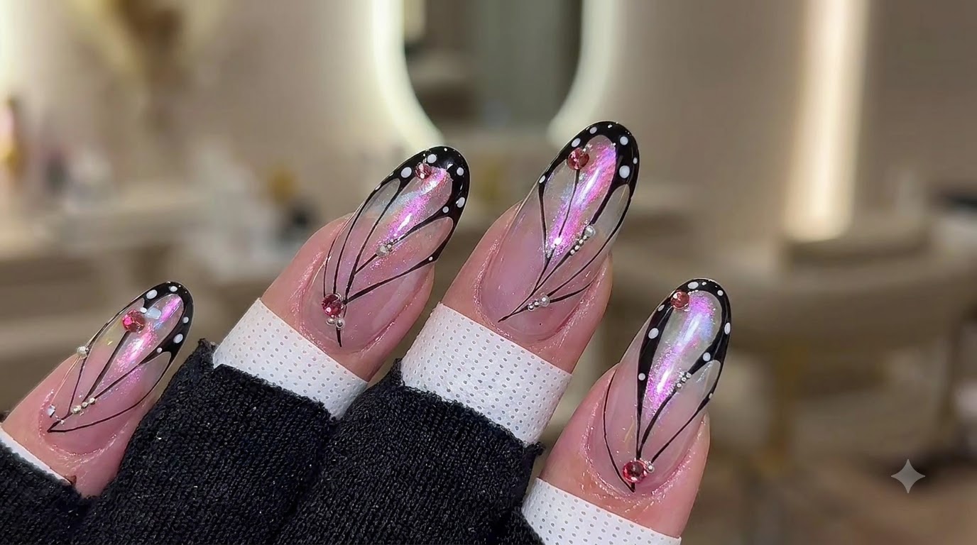 Gros plan macro dun nail art papillon achevé mettant en vedette de lopale aurore encapsulée, des contours dailes de papillon noirs complexes, des points daccent blancs et de petits strass rouge rose sur une finition brillante.