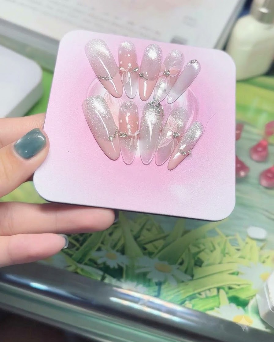 Une vue rapprochée dun ensemble dongles press-on roses ornés de nœuds en cristal 3D et de chaînes de strass argentées sous un éclairage de studio doux.