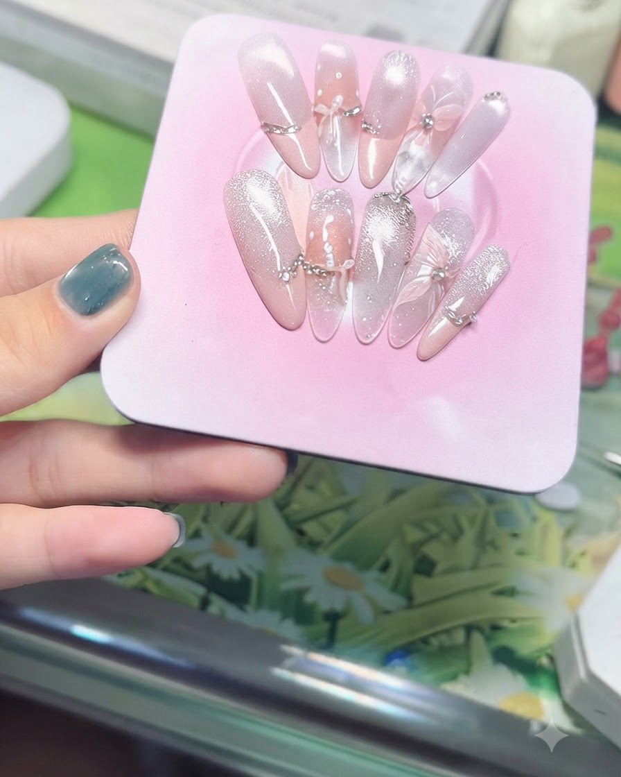 Gros plan macro montrant le fondu du dégradé rose nudité près de la zone des cuticules sous un top coat brillant.