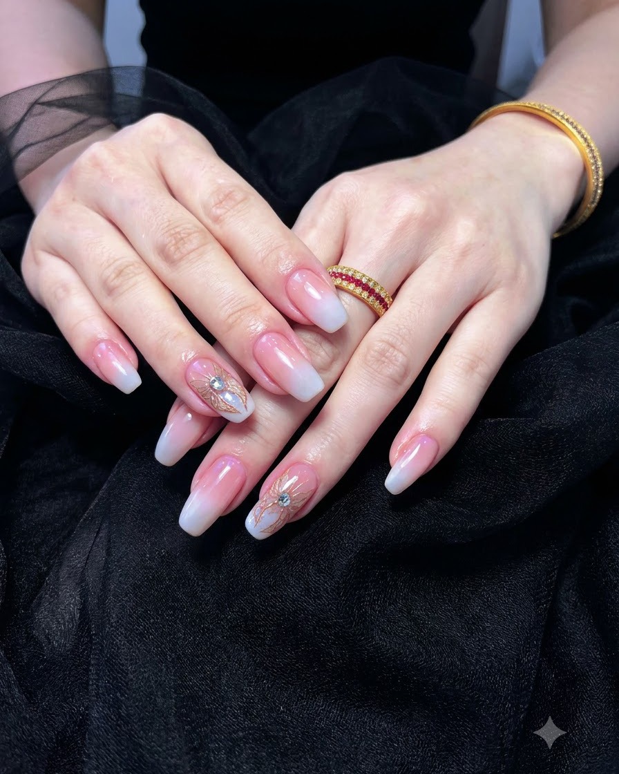 Un pinceau appliquant délicatement un gel de couleur de base rose nude sur un ongle préparé.