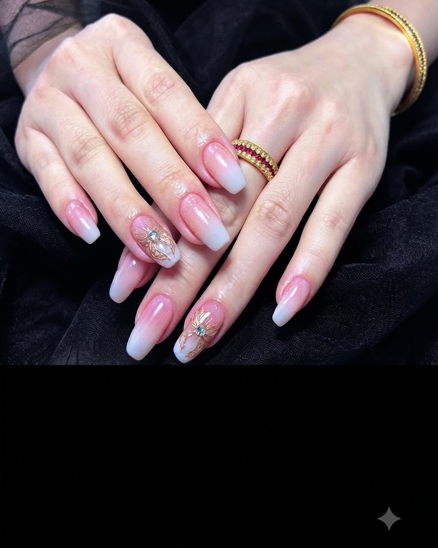 La main dune cliente reposant dans une lampe à ongles UV/LED pour catalyser la couche de base rose nude.