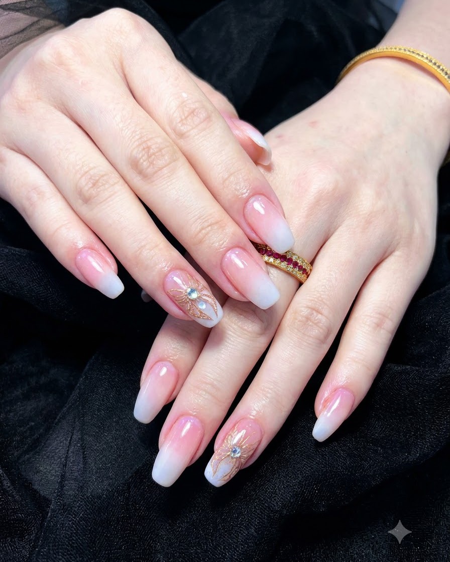 Application dun vernis gel blanc laiteux sur le bout des ongles à laide dun pinceau fin.