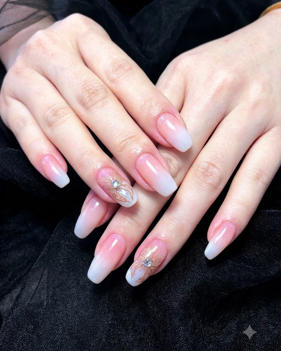 Gros plan dune main manucurée sur laquelle on place un bijou papillon doré 3D et de petits strass sur un ongle accentué.