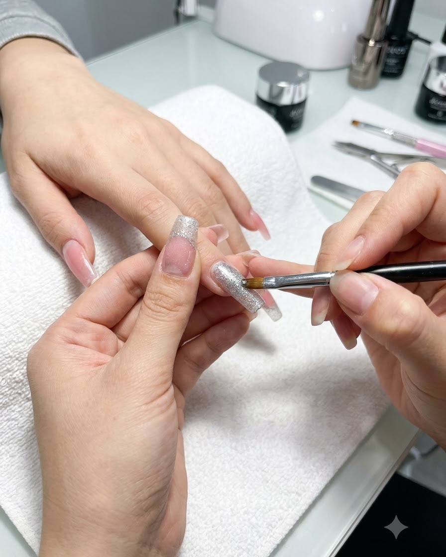 Un pinceau appliquant une couche dense de paillettes argentées directement sur le bord libre dun ongle manucuré.