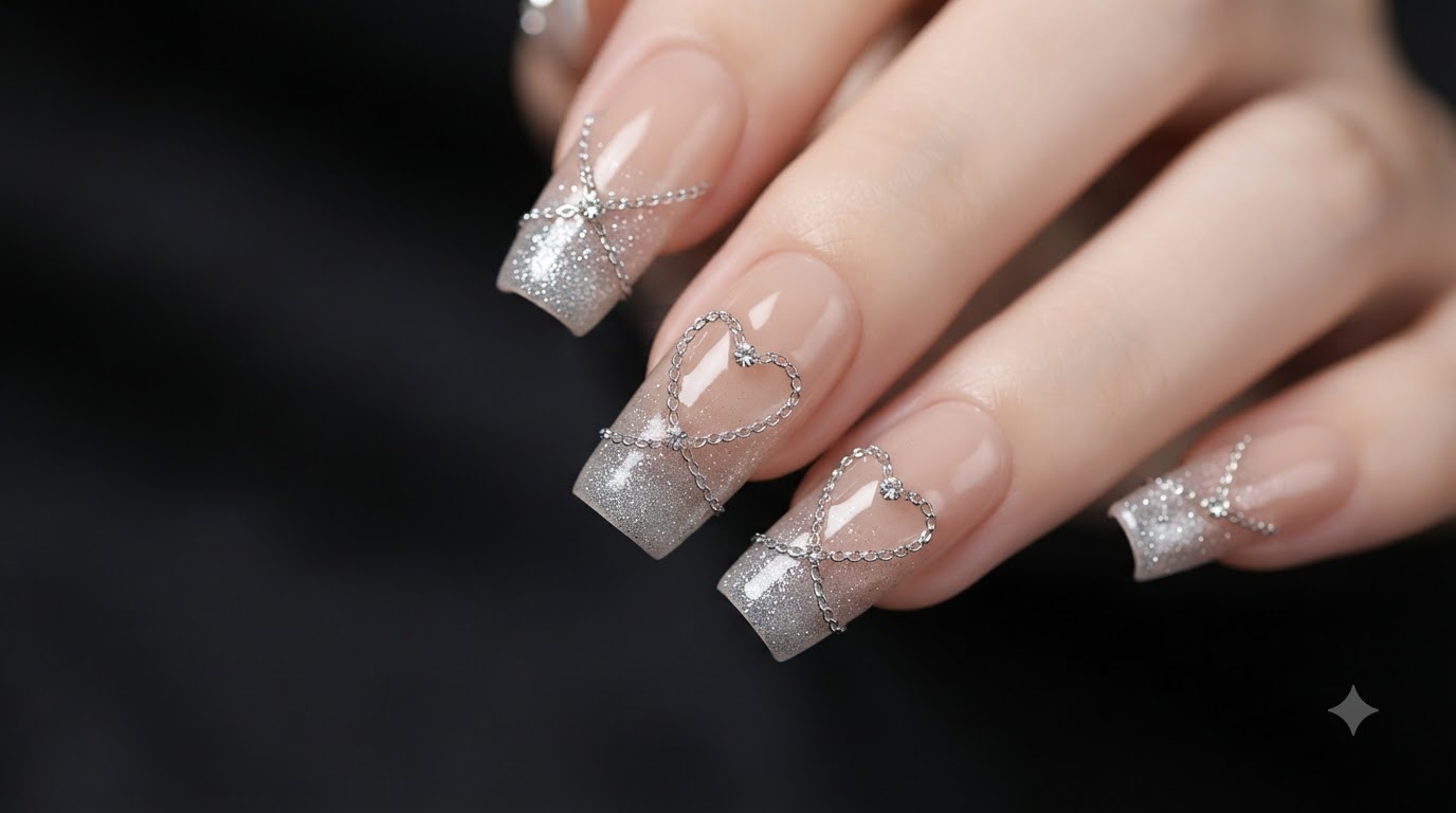 Gros plan macro présentant des ongles carrés longs finis avec une base nude translucide, des pointes en dégradé de paillettes argentées scintillantes et de délicats embellissements en chaîne argentée et cœur en strass.