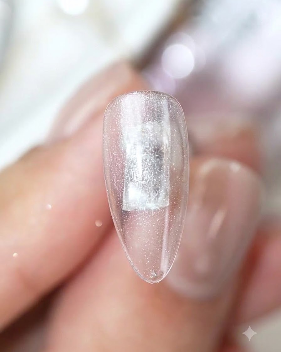 Un outil aimanté tenu au-dessus dun ongle ovale transparent montrant une bande lumineuse argentée concentrée au centre.