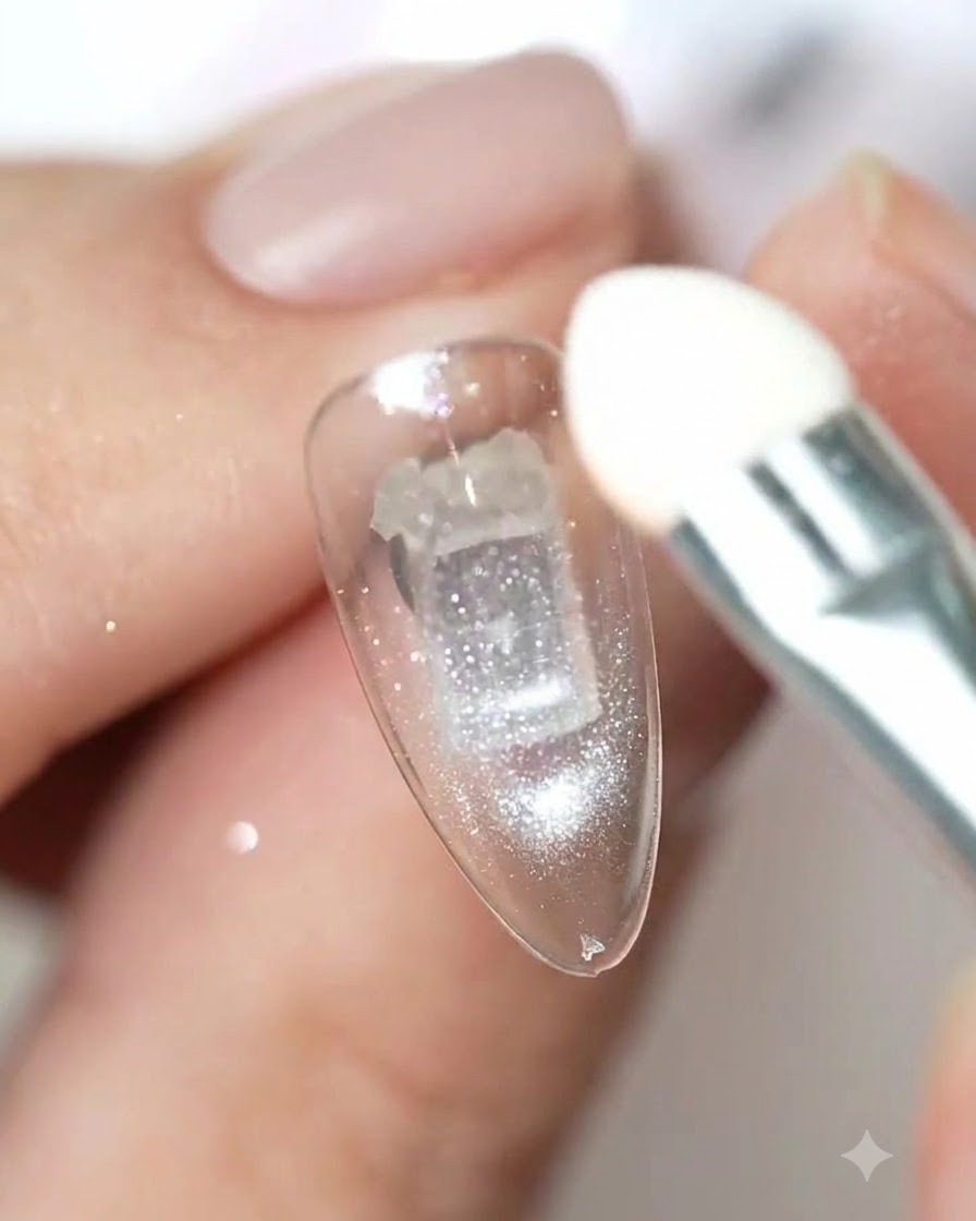 Un applicateur en mousse pour fard à paupières polissant de la poudre chrome sur la surface dun ongle manucuré.