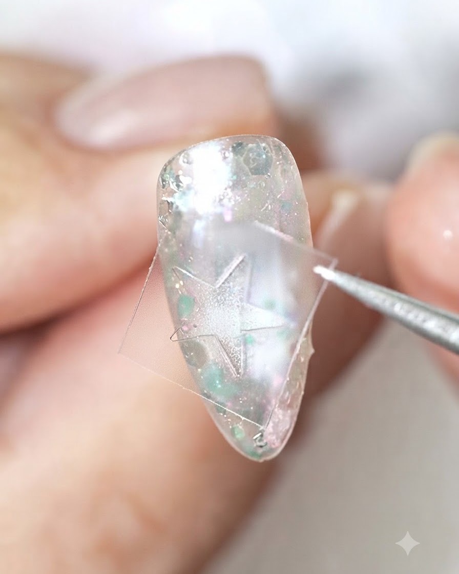 Une paire de brucelles positionnant un pochoir dautocollant étoile transparent sur un ongle décoré.