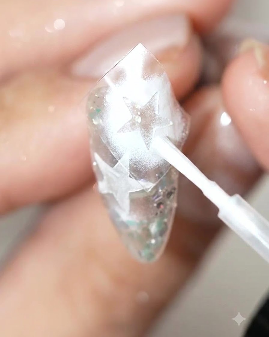 Un petit pinceau appliquant du liquide blooming blanc perlé sur la surface dun ongle décoré présentant des motifs détoiles.