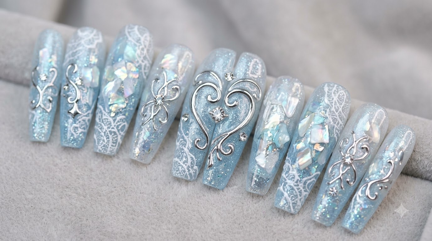 Ongles Chrome Heart Bleu Glacial — Tutoriel Press-On Étape par Étape