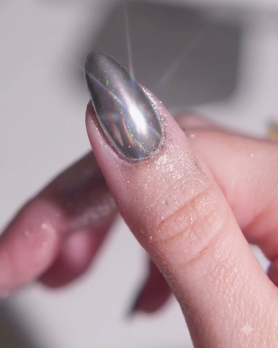 Gros plan dun ongle en amande entièrement recouvert de chrome argenté réfléchissant, avec de la poudre libre chatoyante visible sur la peau environnante.