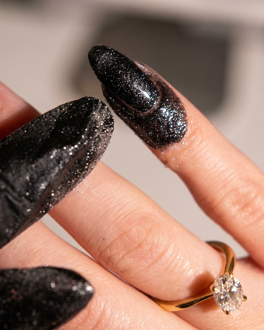 Vue rapprochée des doigts montrant un nettoyage détaillé autour des cuticules et des lignes de la peau près des ongles polis.