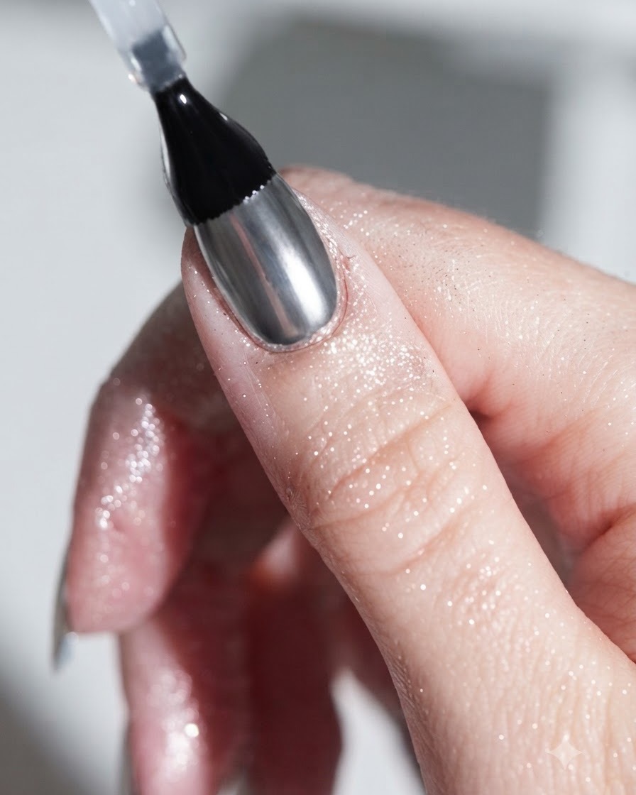 Gros plan dun pinceau appliquant un top coat en gel transparent et brillant sur un ongle en chrome argenté métallisé.